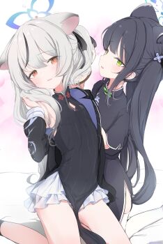 2girls animal_ears black_hair blue_archive grabbing_own_hair grey_hair halo holding_own_hair kokona_(blue_archive) multiple_girls sakurano_rocco shun_(blue_archive) shun_(small)_(blue_archive) socks white_socks