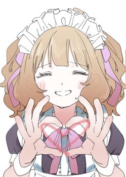 1girl absurdres bow bowtie brown_hair closed_eyes commentary_request facing_viewer grin hands_up heart heart_hands highres idolmaster idolmaster_million_live! maid maid_headdress medium_hair meeeeeeco359 pink_bow pink_bowtie puffy_short_sleeves puffy_sleeves short_sleeves simple_background smile solo suou_momoko upper_body white_background white_wrist_cuffs wrist_cuffs