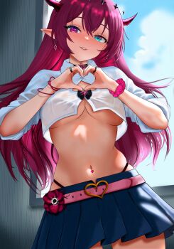 1girl absurdres belt blue_eyes blue_skirt breasts buckle collared_shirt commentary cropped_shirt dfswift english_commentary heart heart-shaped_buckle heart_hands hetero highres hololive hololive_english horns indoors irys_(hololive) large_breasts long_hair miniskirt navel_piercing piercing pink_belt pleated_skirt pointy_ears purple_eyes purple_hair purple_horns scrunchie shirt skirt solo underboob virtual_youtuber white_shirt window wrist_scrunchie