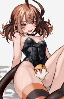 1girl absurdres ahoge alternate_costume arm_support bare_shoulders between_thighs black_bow black_bowtie black_leotard black_tail blush bow bowtie breasts brown_hair chest_belt commentary detached_collar gigi_murin grem_(gigi_murin) highres hololive hololive_english huge_ahoge knee_up leotard looking_at_object multicolored_hair naokomama open_mouth pink_eyes sharp_teeth short_hair short_twintails sitting small_breasts solo striped_clothes striped_thighhighs teeth thighhighs thighs twintails two-tone_hair virtual_youtuber wrist_cuffs