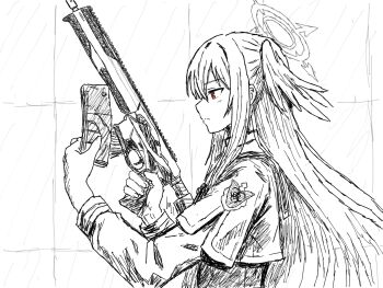 1girl blue_archive commentary_request from_side gun hair_between_eyes halo head_wings highres holding holding_gun holding_weapon long_hair long_sleeves red_eyes reloading rifle school_uniform sig_mcx single_head_wing solo spot_color suzumi_(blue_archive) tomatama014 trinity_general_school_logo upper_body weapon wings
