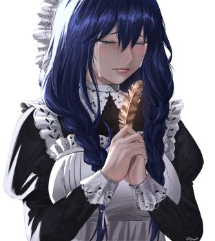 1girl absurdres apron black_dress blue_hair braid closed_eyes closed_mouth crying dress feathers hair_ribbon hat highres holding holding_feather hololive hololive_english long_hair low_twin_braids maid_apron mob_cap ouro_kronii ouro_kronii_(maid) reendhw ribbon simple_background solo tears twin_braids virtual_youtuber white_apron white_background white_ribbon