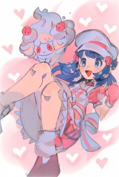 1girl alcremie alcremie_(strawberry_sweet) alcremie_(vanilla_cream) apron chef_hat dawn_(palentine's_2021)_(pokemon) dawn_(pokemon) food fruit gen_8_pokemon happy hat heart hinann_bot mittens nintendo non-web_source pink_background pink_shoes pink_theme pokemon pokemon_(creature) pokemon_masters_ex shoes strawberry third-party_source white_apron