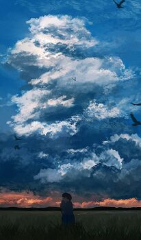 2boys banakotakemaru black_hair blue_sky cloud cloud_focus cloudy_sky commentary_request evening field film_grain grass heavy_film_grain highres hug male_focus mountainous_horizon multiple_boys mutual_hug orange_clouds original outdoors scenery short_hair simple_bird sky sky_focus standing sweater wide_shot