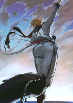 Rule 34 | 1boy, 1other, absurdres, artist request, ass, ass focus, boots, boxing gloves, cactus, crossover, digimon, from behind, from below, genshin impact, gloves, highres, orange hair, scarf, short hair, tartaglia (genshin impact), togemon, uniform