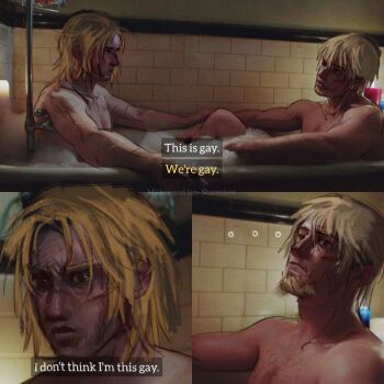 2boys bath bathroom bathtub beard blonde_hair canute english_text facial_hair facial_scar male_focus multiple_boys multiple_scars panels real_life real_life_insert scar scar_on_arm scar_on_cheek scar_on_face scar_on_nose short_hair tarsaqus thorfinn topless_male vinland_saga yaoi