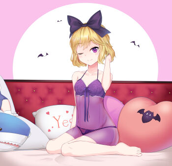 1girl animal barefoot bat_(animal) bed black_bow blonde_hair blush bow bow_panties breasts collarbone dakimakura_(object) elly_(tonari_no_kyuuketsuki-san) hair_bow heart heart-shaped_pillow highres ikea ikea_shark lingerie looking_at_viewer negligee non-web_source on_bed one_eye_closed panties pillow protect823 purple_bow purple_eyes purple_negligee purple_panties short_hair sitting small_breasts smile stuffed_animal stuffed_shark stuffed_toy tonari_no_kyuuketsuki-san underwear wink