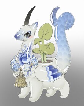 Rule 34 | bead necklace, beads, bell, cracked kawaii mask, creature, dragon, film grain, gradient background, highres, horns, jewelry, necklace, original, plant, porcelain, potted plant, scales, single horn, soil, sorochii