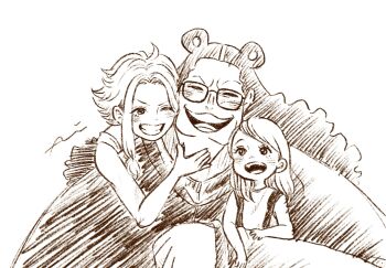 1boy 2girls ^_^ animal_ears bartholomew_kuma bear_ears blush child closed_eyes commentary_request curly_hair family ginny_(one_piece) glasses greyscale happy highres hug hug_from_behind jewelry_bonney long_hair monochrome multiple_girls one_eye_closed one_piece open_mouth pupil308 simple_background swept_bangs