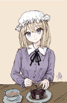 1girl black_ribbon blonde_hair blue_eyes buttons cake chocolate_cake closed_mouth collared_dress contrast_collar cup dessert dress dress_ribbon food fork hat highres holding holding_fork holding_utensil kashiwada_kiiho long_dress long_sleeves looking_at_viewer maribel_hearn medium_hair mob_cap plate purple_dress revision ribbon sachertorte_(food) simple_background smile solo table teacup touhou utensil white_hat