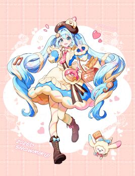 1girl 1other absurdres apron aqua_eyes aqua_hair blue_bow blue_dress blue_sleeves blue_thighhighs blush boots bow bowtie bread bright_pupils brown_hat character_name closed_mouth collared_dress commentary_request dessert detached_sleeves double-parted_bangs dress dress_bow food food-themed_clothes food-themed_hat_ornament footwear_bow frilled_apron frills full_body fur-trimmed_dress fur-trimmed_sleeves fur_trim hair_between_eyes hair_ornament hand_on_own_cheek hand_on_own_face hat hat_ornament hatsune_miku heart highres holding holding_food letter long_hair long_sleeves love_letter medium_dress mismatched_thighhighs murupuru_22 musical_note-themed_food necktie official_alternate_costume official_alternate_hairstyle pink_bow pink_bowtie pink_necktie puffy_short_sleeves puffy_sleeves rabbit rabbit_yukine short_sleeves sleeve_bow snowflake_print snowflakes striped_clothes thighhighs twintails twitter_username two-tone_sleeves very_long_hair vocaloid wavy_hair white_apron white_bow white_rabbit_(animal) white_sleeves wide_sleeves yuki_miku yuki_miku_(2026)
