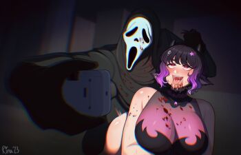 breasts dead_by_daylight ghostface grabbing_another's_hair highres holding_another's_hair huge_breasts moomochi multicolored_hair papulive plump rina_megakuma selfie tagme virtual_youtuber