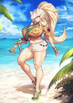 Rule 34 | 1girl, animal hat, arm behind back, bare legs, barghest (fate), barghest (swimsuit archer) (first ascension) (fate), beach, blonde hair, blue eyes, blue sky, breasts, brown gloves, brown shirt, buttons, cat hat, closed mouth, cloud, fate/grand order, fate (series), fingerless gloves, full body, game cg, gloves, green neckerchief, hand up, hat, high ponytail, holding, holding water gun, horizon, huge breasts, impossible clothes, lapels, leg up, long hair, looking at viewer, melon22, midriff, miniskirt, muscular, muscular female, navel, neckerchief, notched lapels, ocean, official art, ponytail, sand, shirt, shoes, short sleeves, sidelocks, skirt, sky, smile, solo, standing, standing on one leg, thighs, third-party source, tied shirt, trigger discipline, variant set, very long hair, water gun, weapon request, white hat, white skirt
