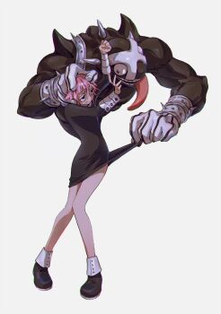 1other androgynous asertr black_dress bracelet bracer clenched_hand crona_(soul_eater) dress full_body hand_on_another's_head holding jewelry looking_at_another open_mouth other_focus pink_hair pulling pushing_away ragnarok_(soul_eater) short_dress short_hair simple_background soul_eater spiked_bracelet spikes struggling tongue tongue_out white_background