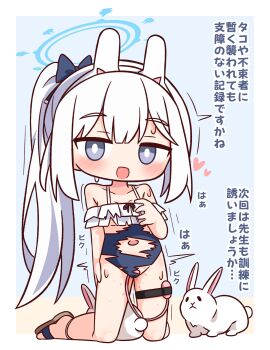 1girl :d animal_ears blue_archive blue_background blue_halo blue_one-piece_swimsuit blush border bright_pupils brown_sandals commentary_request full_body grey_eyes halo hana_kazari heart highres kneeling long_hair looking_at_viewer miyako_(blue_archive) miyako_(swimsuit)_(blue_archive) official_alternate_costume one-piece_swimsuit open_mouth outside_border ponytail pussy_juice rabbit rabbit_ears sandals sex_toy sidelocks simple_background smile solo sweat swimsuit thigh_strap torn_clothes torn_swimsuit translation_request vibrator vibrator_in_thigh_strap white_border white_hair white_pupils