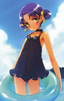 1girl absurdres aged_down armpits bindi blush child choker cloud dark-skinned_female dark_skin day double_bun female_focus flat_chest frilled_swimsuit frills goggles goggles_around_neck hair_bun hair_ribbon highres innertube littlewitch one-piece_swimsuit ooshiro_chitose ooyari_ashito oshiro_chitose outdoors period period_sweet_drops polka_dot polka_dot_swimsuit purple_hair ribbon see-through_clothes short_hair sky smile solo solo_focus standing swim_ring swimsuit wading water yellow_eyes