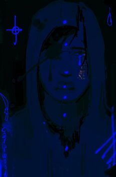 black_eyes black_hair bleeding blood blue_theme carpwood cry_of_fear crying crying_with_eyes_open dark gouged_eye grey_hoodie hood hood_up hoodie looking_at_viewer short_hair simon_henriksson straight-on tears