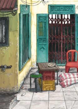 absurdres beer_crate bicycle bird chair closed_umbrella commentary grey_bird hanging_light highres koze_niire light_bulb nijisanji no_humans on_stool outdoors parasol pigeon scenery stool striped_umbrella symbol-only_commentary tile_floor tiles twitter_username umbrella watermark