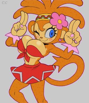 1girl ;) amiga animal armpits ass bandeau blue_eyes blush bra breasts bursting champchidi cleavage earrings female_focus flower front-tie fur furry gesture hairband highres jewelry midriff miniskirt monkey monkey_girl navel one_eye_closed ornament pink_nails red_skirt samba_de_amigo sega skirt smile solo standing strapless_top tail underwear up v wink