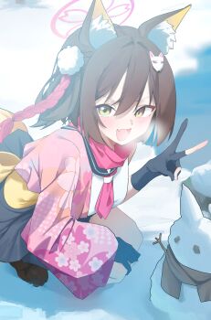 1girl absurdres animal_ear_fluff animal_ears black_gloves black_sailor_collar blue_archive blush brown_hair brown_shoes commentary_request fang fox_ears fox_girl fox_tail gloves grey_skirt hair_ornament halo highres izuna_(blue_archive) japanese_clothes kimono neckerchief one_side_up open_mouth partially_fingerless_gloves pink_halo pink_kimono pink_neckerchief pink_scarf sailor_collar scarf shiroyo_(shiromeahi) shoes short_hair skin_fang skirt snowman solo squatting tail v yellow_eyes