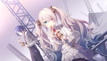 1boy 1girl 25-ji_kaito 25-ji_miku black_pants black_pantyhose black_sweater closed_eyes collared_shirt colorful_palette colors_of_pure_sense_(project_sekai) food frilled_sleeves frills game_cg gear_print gradient_hair green_eyes green_nails grey_hair grey_shirt hatsune_miku high-waist_pants highres holding holding_spoon ice_cream kaito_(vocaloid) leaning_on_object light_particles multicolored_hair necktie official_art pants pantyhose pink_eyes pleated_skirt project_sekai red_necktie shirt sitting skirt spoon standing sweater third-party_source truss turtleneck turtleneck_sweater utensil_in_mouth vocaloid white_shirt