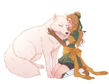 1girl almond_aulait alucard_(castlevania) black_shorts brown_gloves brown_hair brown_shoes castlevania:_symphony_of_the_night castlevania_(series) closed_eyes dress elbow_gloves gloves green_dress green_ribbon hair_bun hair_ribbon half_updo highres kneeling maria_renard parted_bangs puffy_short_sleeves puffy_sleeves ribbon shoes short_sleeves shorts shorts_under_dress smile socks wavy_hair white_background white_socks wolf