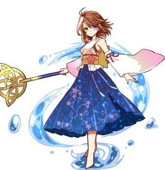 1girl asymmetrical_bangs bare_shoulders barefoot black_bra blue_eyes blue_skirt bra breasts brown_hair dancing detached_sleeves final_fantasy final_fantasy_x full_body green_eyes hair_between_eyes heterochromia highres holding holding_staff kira0902 long_skirt looking_at_viewer medium_breasts medium_hair nontraditional_miko serious shirt skirt solo staff summoning underwear water_drop white_background white_shirt wide_sleeves yuna_(ff10)