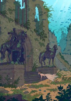 1girl absurdres air_bubble brick_wall brown_hair bubble commentary crop_top diving english_commentary fish highres ionomycin kelp long_skirt mermaid monster_girl moss original ruins scenery skirt sleeveless solo_focus stairs starfish statue stone_stairs submerged turtleneck underwater underwater_city white_skirt