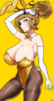 1girl absurdres aiuti animal_ears bare_shoulders black_pantyhose bow bowtie bracelet breasts cleavage commentary_request detached_collar elbow_gloves gloves gold_bowtie gold_leotard gundam gundam_build_fighters highres hoshino_fumina huge_breasts jewelry leotard pantyhose playboy_bunny pointy_breasts rabbit_ears rabbit_tail sagging_breasts side-tie_leotard solo standing strapless strapless_leotard tail thighband_pantyhose twitter_username white_gloves yellow_background