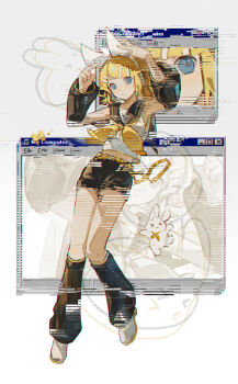 Rule 34 | 1girl, :<, arms up, belt, black leg warmers, black sailor collar, black shorts, black sleeves, blonde hair, blue eyes, bow, closed mouth, commentary, detached sleeves, frown, full body, gold trim, hair bow, hair ornament, hairclip, highres, kagamine rin, leg warmers, neckerchief, parallel hairclips, rabbit, sailor collar, shirt, shoes, short hair, shorts, sleeveless, sleeveless shirt, symbol-only commentary, treble clef, vocaloid, white bow, white rabbit (animal), white shirt, white shoes, window (computing), yellow belt, yellow neckerchief, zeriko