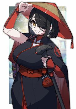 1girl black_hair black_kimono black_nails bow breasts cane commentary_request glasses hair_over_one_eye hat highres holding holding_cane indie_virtual_youtuber itou_life_(vtuber) japanese_clothes kimono obi red_bow round_eyewear sash short_hair smile solo tassel virtual_youtuber wrbs yellow_eyes