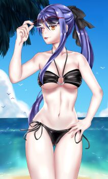 1girl absurdres beach bikini breasts coconut_tree commentary eiyuu_densetsu english_commentary falcom front-tie_bikini_top front-tie_top hair_between_eyes hair_ribbon hand_on_own_hip highres holding holding_removed_eyewear laura_s._arseid medium_breasts ocean one_eye_closed outdoors palm_tree ponytail ribbon sen_no_kiseki sen_no_kiseki_(series) sen_no_kiseki_i sen_no_kiseki_iii side-tie_bikini_bottom sidelocks smile solo sunglasses swimsuit tongue tongue_out tree unworn_eyewear vanillahare