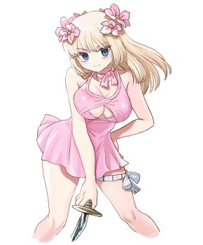 1girl blonde_hair blue_eyes breasts choker cleavage cropped_legs dagger dr._stone dress flower hair_flower hair_ornament hand_on_own_hip holding holding_knife holding_weapon knife kohaku_(dr._stone) large_breasts leaning_forward long_hair looking_at_viewer pink_choker pink_dress ribbon_choker sexesuki smile solo thigh_strap weapon white_background