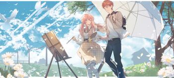 1 1girl animal backpack bag bird blue_sky blush breasts canvas_(object) cloud day dove emiya_shirou fate/stay_night fate_(series) feathers flower gaoyue_jixiang hexagonal highres holding holding_paint_palette holding_umbrella igote oc_x_canon orange_hair original outdoors paint_palette painting_(action) painting_(object) paint_palette parasol print_sleeves red_hair shoes skirt sky smile square swing tail tree umbrella