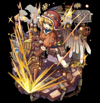 1girl belt black_background blonde_hair blue_eyes blue_shirt blue_shorts blush bob_cut boots breasts brick_floor brown_boots brown_gloves brown_jacket drill full_body gears gloves glowing goggles goggles_on_headwear hat highres jacket large_breasts long_sleeves machine mechanical_wings merc_storia merc_storia_art_team official_art open_mouth red_hat remine_(merc_storia) screw shirt short_hair short_shorts shorts simple_background solo sparks standing steam tachi-e teeth thigh_belt thigh_strap thighhighs turtleneck turtleneck_shirt upper_teeth_only v-shaped_eyebrows white_thighhighs wings