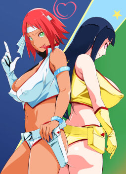 2girls ass black_hair boruto:_naruto_next_generations breasts closed_mouth cosplay covered_erect_nipples crossover dirty_pair female_focus full_body green_eyes haruno_sakura highres hyuuga_hinata kei_(dirty_pair) kei_(dirty_pair)_(cosplay) large_breasts licking long_hair mature_female multiple_girls naruto_(series) panties purple_eyes sahara_wataru short_hair smile source_request swimsuit underwear yuri_(dirty_pair) yuri_(dirty_pair)_(cosplay)