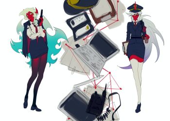 2girls blue_hair breasts colored_skin commentary_request demon_girl demon_horns green_hair guru.zong highres horns kneesocks_(psg) large_breasts long_hair medium_breasts multiple_girls panty_&amp;_stocking_with_garterbelt police police_uniform policewoman red_skin scanty_(psg)