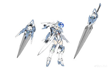 Rule 34 | arm armor, blue eyes, blue hair, concept art, detached sleeves, full body, headgear, highres, leotard, light blue hair, looking at viewer, mecha musume, short hair, signature, sky saber (starward), solo, starward, sword, thighs, thrusters, twitter username, weapon, zhu fun