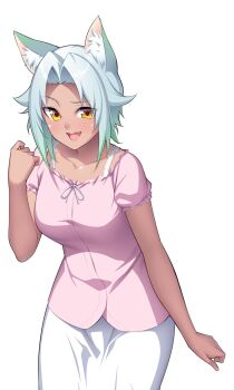 1girl :d animal_ear_fluff animal_ears blush bra_strap breasts casual cat_ears cat_girl collarbone cowboy_shot dark-skinned_female dark_skin game_cg gradient_hair green_hair highres large_variant_set leaning_forward looking_at_viewer medium_breasts multicolored_hair nanao_(mahaya) non-web_source ochite_iku_seisenshi_lunatic_angels official_art open_mouth pink_shirt shindou_yuki_(lunatic_angels) shirt short_hair short_sleeves simple_background skirt slit_pupils smile solo standing teeth transparent_background variant_set white_skirt yellow_eyes