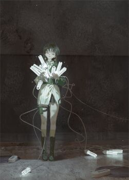 1girl 3d absurdres asymmetrical_sleeves belt black_hair black_skirt cable closed_eyes collared_shirt earrings facing_viewer floating_earrings fluorescent_lamp full_body green_belt green_sleeves head_tilt highres holding_lamp jacket jewelry light_bulb light_frown light_particles lin_ya_ya long_hair miniskirt mismatched_sleeves mixed_media multicolored_jacket open_mouth original pleated_skirt pouch power_strip reflective_floor ribbed_jacket shadow shirt skirt solo standing thigh_pouch thigh_strap two-tone_jacket white_shirt white_sleeves