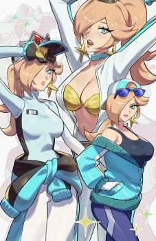 1girl absurdres alternate_costume aqua_jacket backwards_hat biker_clothes biker_rosalina bikesuit blonde_hair blue_eyes blue_jacket bodysuit bra bracelet breasts cleavage clothes_around_waist crown earrings eyelashes eyewear_on_head gloves gold_bra gold_bracelet hair_over_one_eye hat highres jacket jacket_around_waist jewelry large_breasts long_hair long_sleeves looking_at_viewer mario_(series) mario_kart mario_kart_world nintendo official_alternate_costume partially_open_jacket ponytail racing_suit rosalina rosalina_(pro_racer) rosalina_(touring) ryairyai shirt smile solo star_(symbol) star_earrings sunglasses tight_clothes tight_shirt underwear yellow_bra zipper_pull_tab