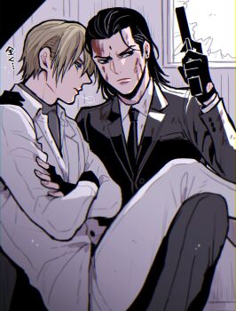 2boys arm_around_shoulder bindi black_eyes black_gloves black_hair black_jacket black_necktie black_pants blonde_hair blood blood_on_face blue_eyes collared_shirt crossed_arms final_fantasy final_fantasy_vii fingerless_gloves gloves grey_shirt gun hair_slicked_back hand_on_another's_shoulder handgun highres holding holding_gun holding_weapon ico_(mori) indoors jacket looking_to_the_side male_focus medium_hair multiple_boys necktie pants rufus_shinra shirt short_hair sitting sitting_on_lap sitting_on_person square_enix suit_jacket tseng turks_(ff7) weapon white_jacket white_pants white_shirt window yaoi