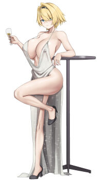 1girl absurdres alternate_costume backless_dress backless_outfit bare_shoulders black_hairband black_shoes blonde_hair blue_eyes breasts champagne_flute cleavage closed_mouth cocktail_dress collarbone commentary cosplay covered_erect_nipples cup cyka dress drinking_glass earrings elbow_on_table evening_gown full_body girls&#039;_frontline girls&#039;_frontline_2:_exilium glitter_dress hair_between_eyes hair_intakes hairband high_heels highres holding holding_cup jewelry large_breasts long_dress looking_at_viewer mole mole_under_eye nikketa_(girls&#039;_frontline_2) plunging_neckline revealing_clothes shoes short_hair sidelocks silver_dress simple_background sleeveless sleeveless_dress smile snowflake_earrings solo st._louis_(azur_lane) st._louis_(azur_lane)_(cosplay) st._louis_(luxurious_wheels)_(azur_lane) standing standing_on_one_leg stomach vsk-94_(girls&#039;_frontline) white_background