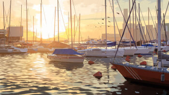 boat building commentary english_commentary evening gjb870216 harbor highres mountainous_horizon no_humans original outdoors photorealistic realistic reflection reflective_liquid sailboat scenery simple_bird sky skyline skyscraper sunset water watercraft