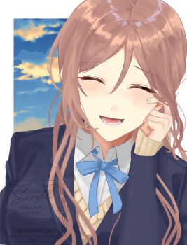 Rule 34 | 1girl, ^ ^, absurdres, black jacket, blue ribbon, blush, border, brown hair, closed eyes, commentary request, dress shirt, fingernails, gakuen idolmaster, hatsuboshi gakuen school uniform, highres, himesaki rinami, idolmaster, jacket, long hair, neck ribbon, ribbon, sample watermark, school uniform, shirt, siroko m, smile, solo, sweater, upper body, watermark, white border, white shirt, yellow sweater