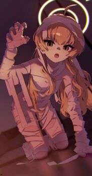 Rule 34 | 1girl, absurdres, all fours, bandages, bare shoulders, blonde hair, blue archive, claw pose, hair between eyes, halo, highres, long hair, looking at viewer, mummy costume, naked bandage, official alternate costume, official alternate hairstyle, open mouth, sidelocks, solo, songchuan li, teeth, upper teeth only, yellow eyes, yoshimi (blue archive), yoshimi (halloween) (blue archive)