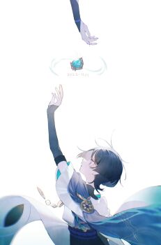 1boy anemo_symbol_(genshin_impact) aqua_gemstone arm_up armor belt black_belt black_bridal_gauntlets black_hair blood blood_on_hands blue_cape blue_sleeves blunt_ends bodysuit bridal_gauntlets cape dated eyelashes eyeliner eyeshadow feathers fingernails from_behind furisode gem genshin_impact gold highres japanese_armor japanese_clothes kimono kote kurokote layered_sleeves looking_up makeup male_focus musaoochan open_hand open_hands outstretched_arm parted_lips pom_pom_(clothes) purple_blood purple_eyes purple_sash reaching reaching_towards_another red_eyeliner red_eyeshadow sash scaramouche_(genshin_impact) tassel turtleneck turtleneck_bodysuit vision_(genshin_impact) wanderer_(genshin_impact) white_background white_sleeves wind yellow_feathers