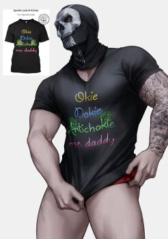 Rule 34 | 1boy, arm tattoo, bara, black shirt, call of duty, call of duty: modern warfare 2, english text, ghost (modern warfare 2), highres, large pectorals, looking at viewer, male focus, male underwear, mask, muscular, muscular male, pectorals, red male underwear, shirt, skull mask, solo, tattoo, thick thighs, thighs, underwear, zhyphenth