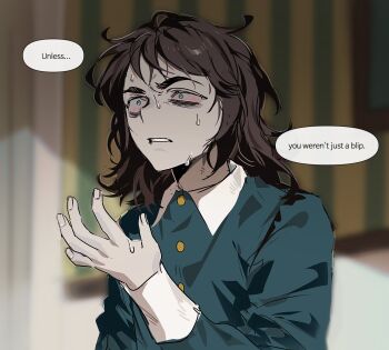 1boy abaddon_(haunted_hotel) bags_under_eyes bloodshot_eyes blue_coat blue_eyes brown_hair coat constricted_pupils english_text hand_up hashtag-only_commentary haunted_hotel highres hood_0702 long_hair male_focus solo sweat upper_body