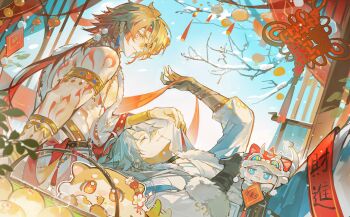 2boys absurdres alternate_costume antenna_hair arm_tattoo armlet bare_tree black_choker black_gloves blonde_hair blue_sky braid chest_tattoo chimera_(honkai:_star_rail) chinese_commentary choker closed_eyes commentary_request earrings facial_tattoo fur-trimmed_jacket fur_trim gloves gold_vambraces gradient_hair highres honkai:_star_rail honkai_(series) iron_hailai jacket jewelry lap_pillow lion_dance long_hair male_focus multicolored_hair multiple_boys mydei_(fig_stew)_(honkai:_star_rail) mydei_(honkai:_star_rail) pants parted_bangs partially_fingerless_gloves phainon_(honkai:_star_rail) phainon_(vigethos)_(honkai:_star_rail) red_hair red_tattoo short_hair side_braid sky snow_on_tree snowing tail tail_wagging tassel tassel_earrings tattoo tree white_hair white_pants yellow_eyes